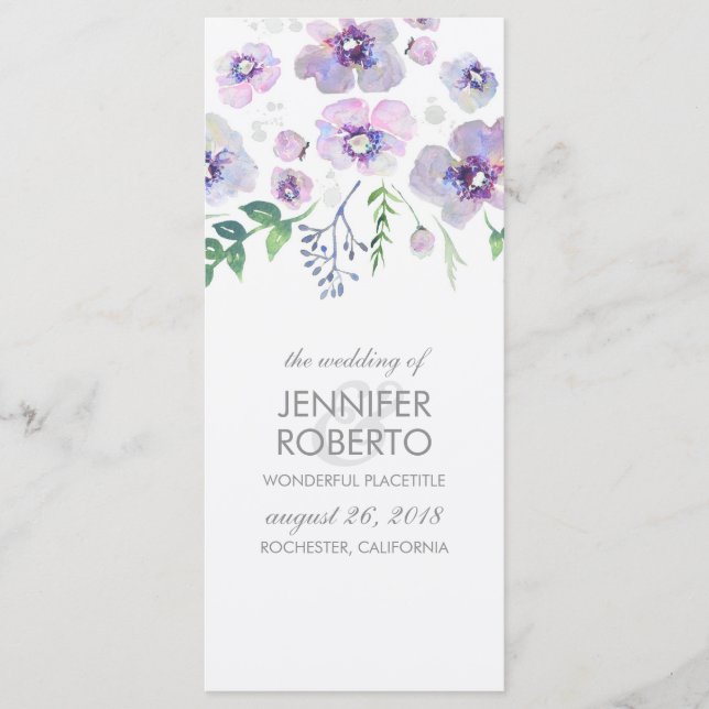 Programa de Casamento por Aquarela de Flores Roxas (Frente)