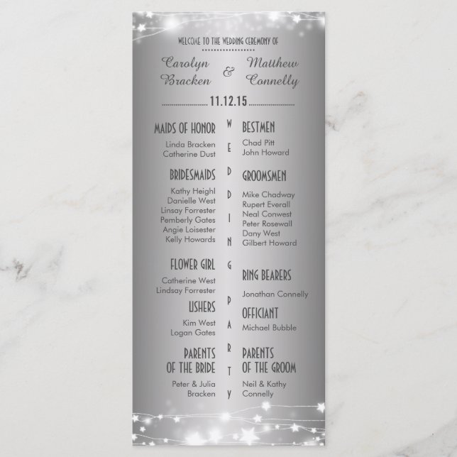 Programa de Casamento prateado das estrelas brilha (Frente)