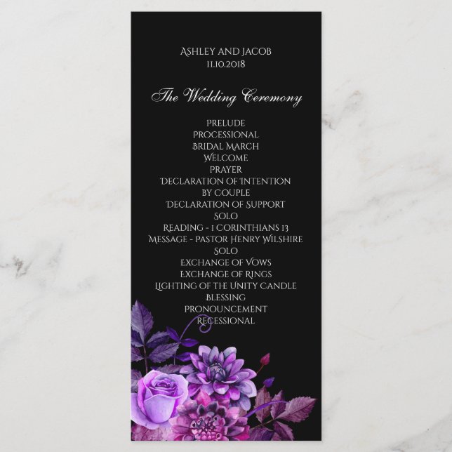 Programa de casamento preto. Cartão de cerimônia f (Frente)