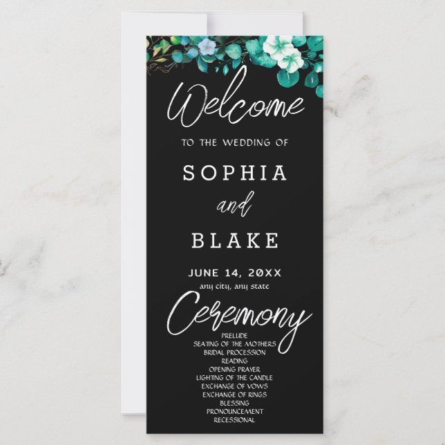 Programa de Casamento Preto com Flores Brancas e F (Frente)