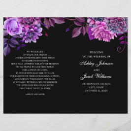 Programa de casamento preto dobrado. Flores roxas