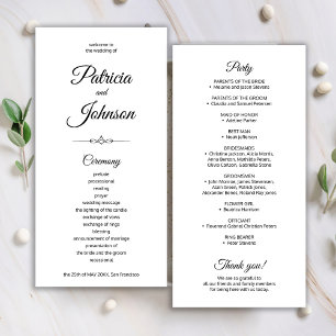 Programa de casamento preto e branco com caligrafi