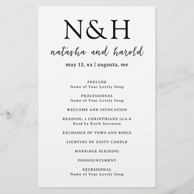 Programa de Casamento Preto e Branco com Monograma (Frente)
