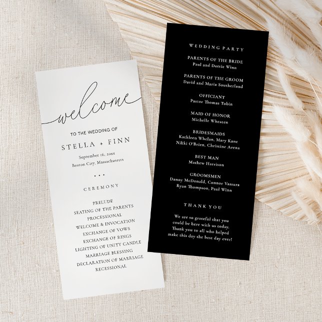 Programa de Casamento Preto e Branco de Letra Mode (Modern Elegant Script Black & Whit Wedding Program)