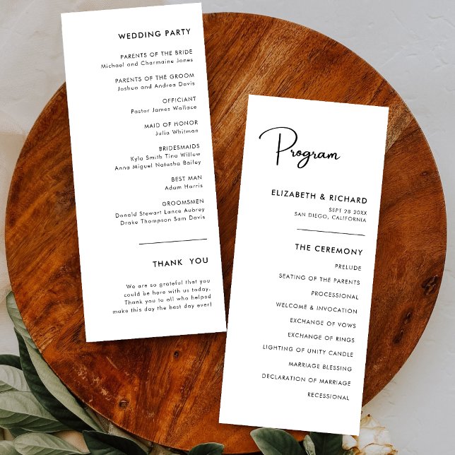Programa de Casamento Preto e Branco Elegante e Mo (Elegant modern black and white wedding program adds style while guiding your ceremony flow)