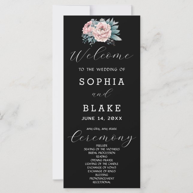 Programa de Casamento Preto Floral Rosa Romântico (Frente)