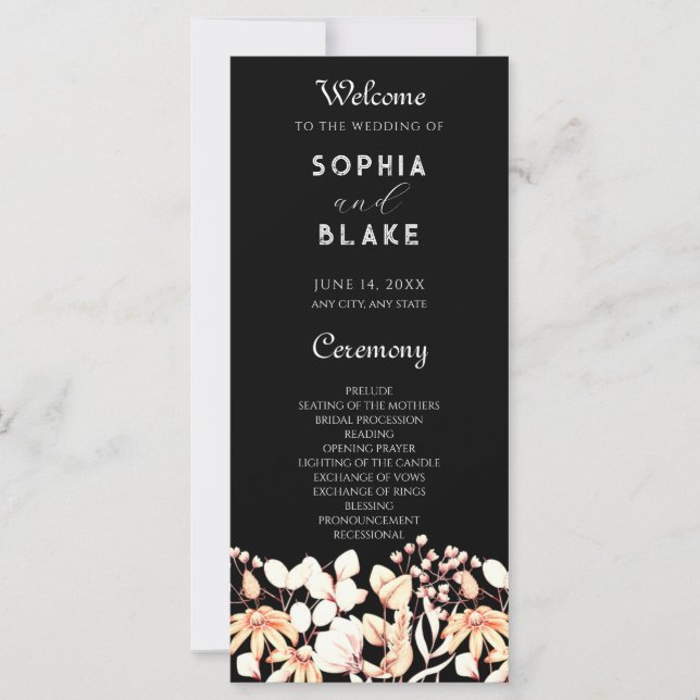Programa de Casamento Preto Jardim Boho Moderno (Frente)