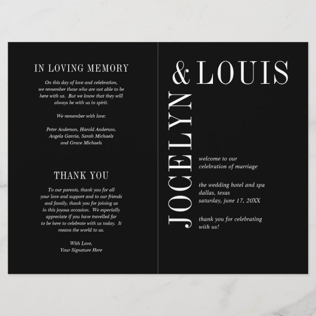 Programa de Casamento Preto Moderno e Ousado (Frente)