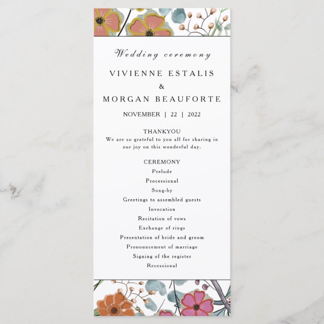 Programa de casamento Primavera floral borda-rosa (Frente)