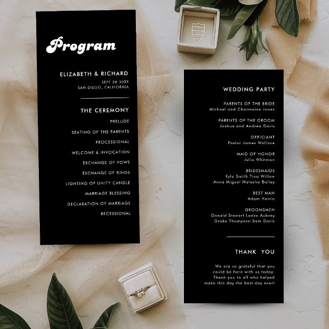 Programa de Casamento Retro com Estilo Preto e Bra (Stylish retro black and white wedding program adds charm while guiding your ceremony)
