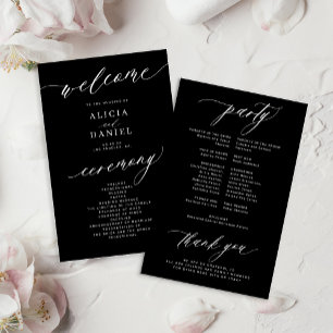 Programa de casamento romântico branco e preto eco
