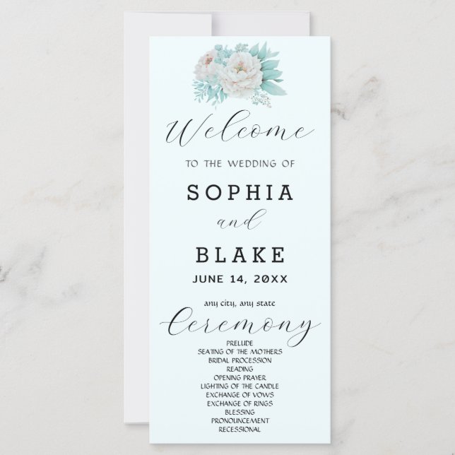 Programa de Casamento Romântico Floral Branco Azul (Frente)