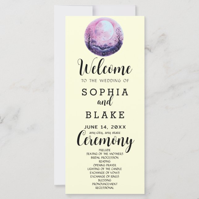 Programa de Casamento Rosa Boho & Branco Lua Cheia (Frente)