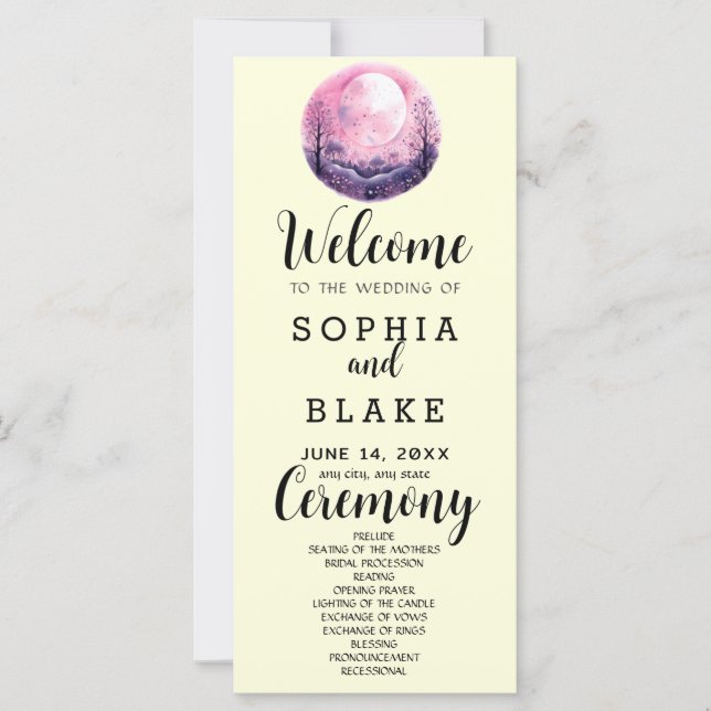 Programa de Casamento Rosa Boho & Branco Lua Cheia (Frente)