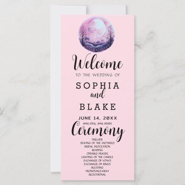 Programa de Casamento Rosa Boho & Branco Lua Cheia (Frente)