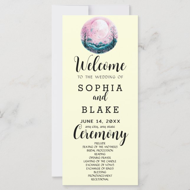 Programa de Casamento Rosa Boho & Branco Lua Cheia (Frente)