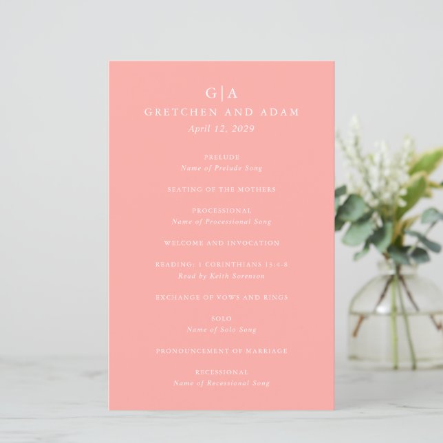 Programa de Casamento Rosa Coral Elegante Moderno (Em pé/Frente)