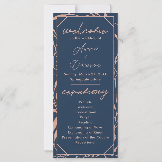 Programa de Casamento Rosa Dourado e Azul Marinho  (Frente)
