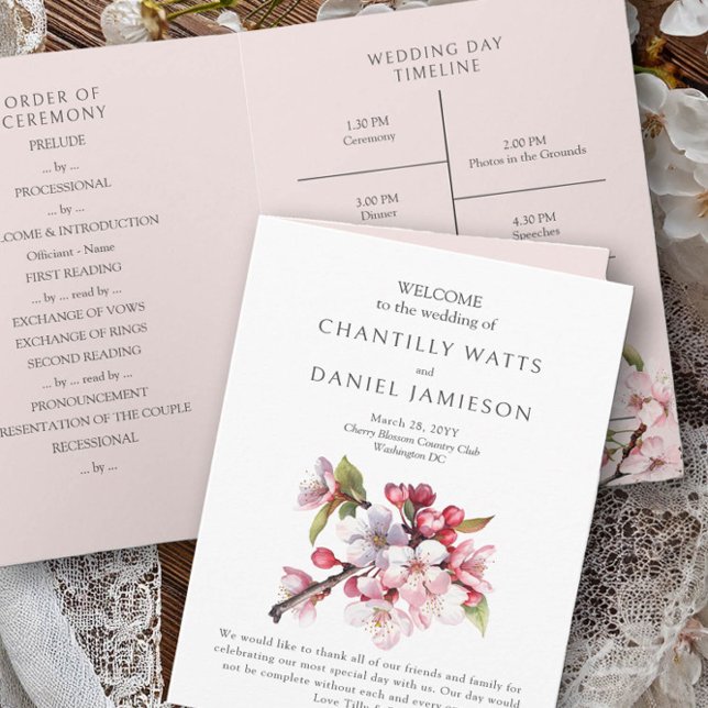 Programa de Casamento Rosa e Branco de Cerejeira e (Folded Wedding Program Card from the Cherry Blossom Wedding Collection by Darling & May)