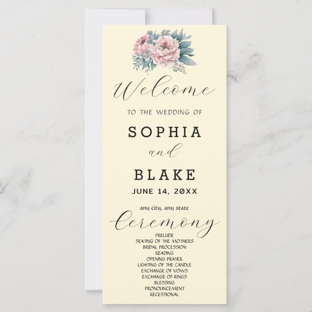Programa de Casamento Rosa Floral Amarelo Romântic (Frente)