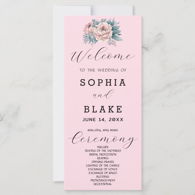 Programa de Casamento Rosa Floral Romântico (Frente)