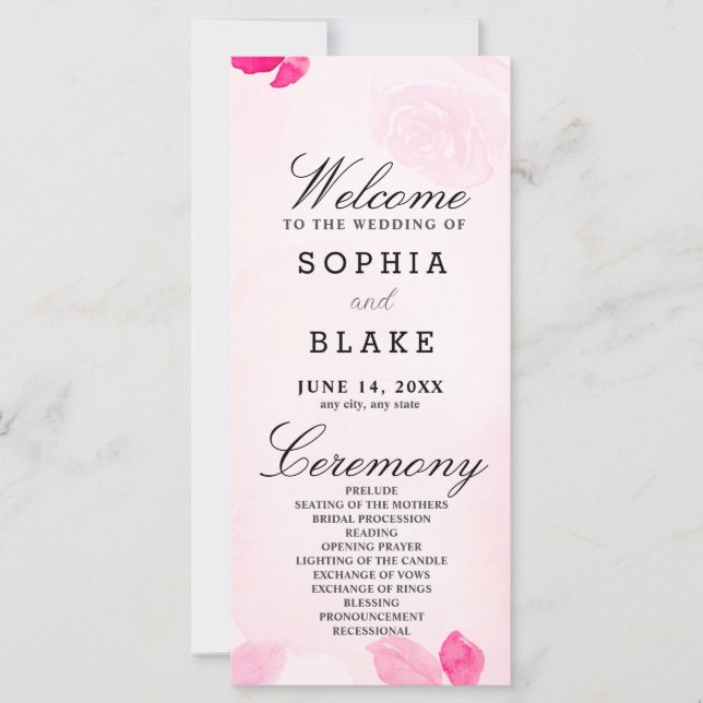 Programa de Casamento Rosas Cor-de-Rosa e Folhagen (Frente)