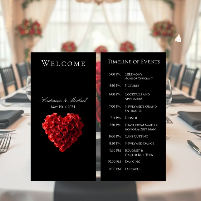 Programa de Casamento - Rosas Vermelhas em Forma d (Wedding Registry-Heart Shaped Red Roses- Wedding Timeline of Events- Program)