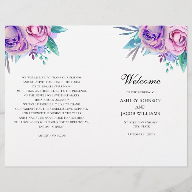Programa de casamento roxo dobrado. Flores lilases (Frente)