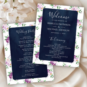 Programa de Casamento Roxo Floral Rústico Azul Mar