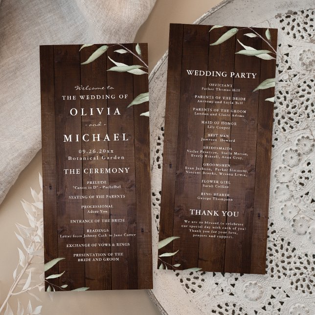 Programa de casamento ruidoso de celeiros verdes e (Elegant greenery barn wood rustic wedding program)