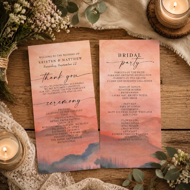 Programa de Casamento Rústico com Aquarela de Pôr  (Welcome your guests and share the details of your service with this beautiful mountain program.)