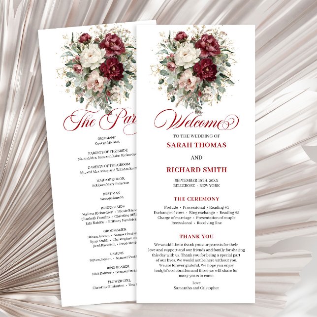 Programa de Casamento Rústico com Vegetação e Bege (Rustic Blush Burgundy Greenery Wedding Program)