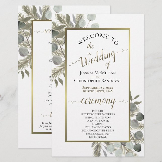 Programa de Casamento Rústico de Eucalipto e Pinhe (Frente/Verso)