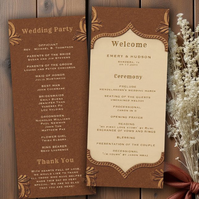Programa de Casamento Rústico de Terracota com Rel (country rustic cowboy wedding program faux tooled leather terracotta bronze rust copper western barn)