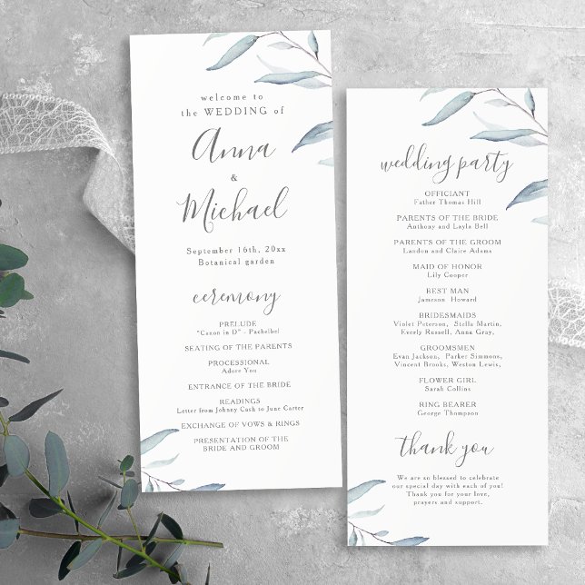 Programa de casamento rústico e verde-limão (Dusty blue minimal greenery rustic wedding program)