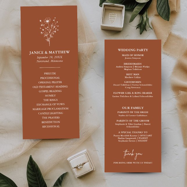Programa de Casamento Rústico Simples Boho em Lara (Rustic burnt orange boho wedding program keeps guests informed with a warm personalized touch)