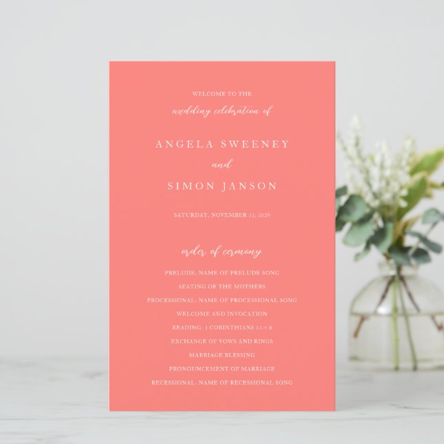 Programa de Casamento Simples Coral Vibrante Moder (Em pé/Frente)