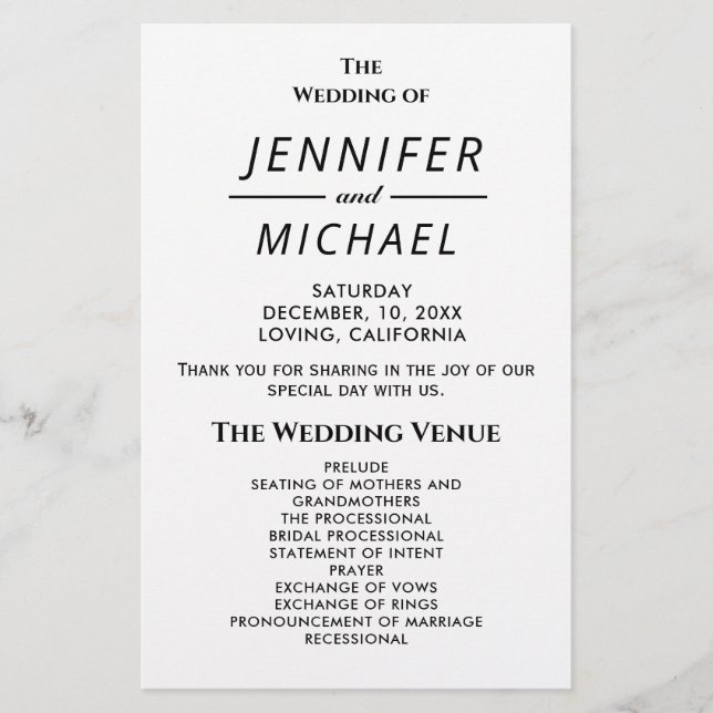 Programa de Casamento Simples de Tipografia (Frente)