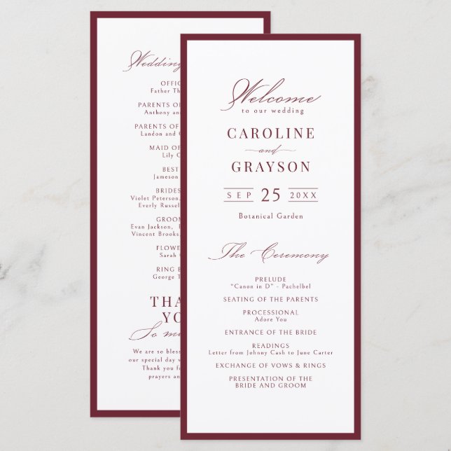 Programa de Casamento Simples e Elegante em Burgun (Frente/Verso)