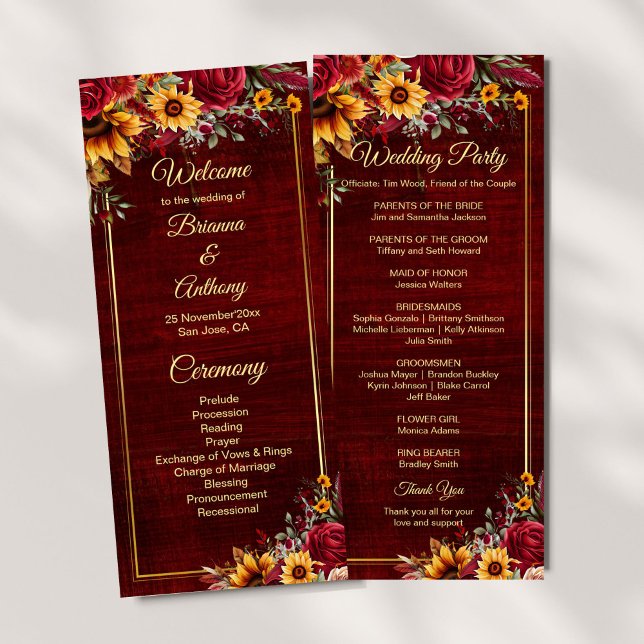 Programa de casamento Sunflower Burgundy (Sunflowers burgundy roses fall wedding program order of service ceremony stationery)