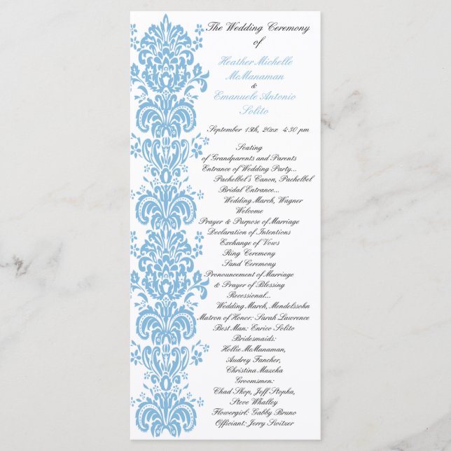 Programa de Casamento tema damasco Azul Placado co (Frente)