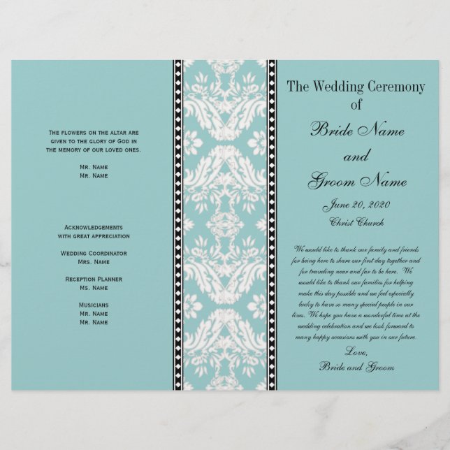Programa de Casamento tema damasco Branco Azul (Frente)