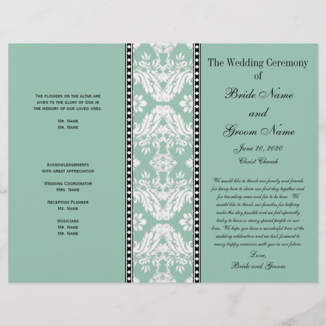 Programa de Casamento tema damasco Branco Verde da (Frente)