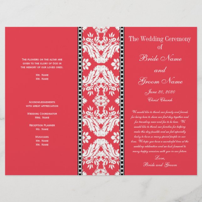 Programa de Casamento tema damasco branco vermelho (Frente)