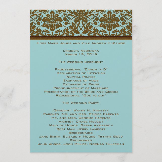 Programa de Casamento tema damasco Brown (Frente)