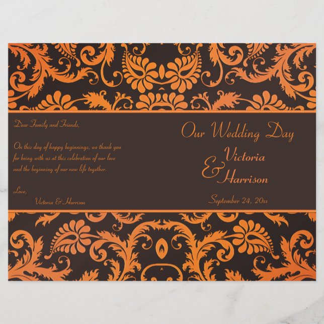Programa de Casamento tema damasco Brown e Orange (Frente)