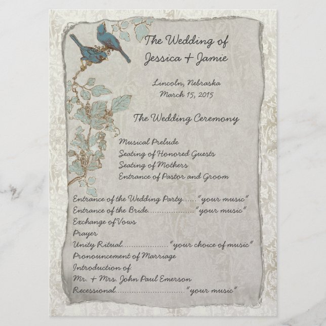 Programa de Casamento tema damasco de Aves Teais V (Frente)