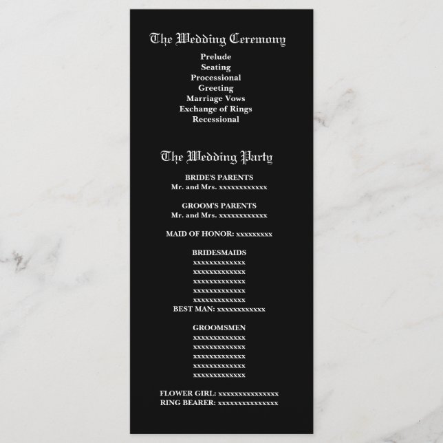 Programa de Casamento tema damasco de Preto e Bran (Frente)