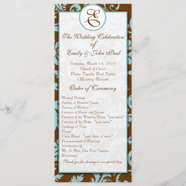 Programa de Casamento tema damasco Marrom - Azul A (Frente)