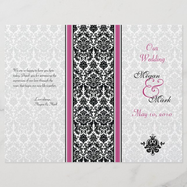 Programa de Casamento tema damasco rosa e preto (Frente)